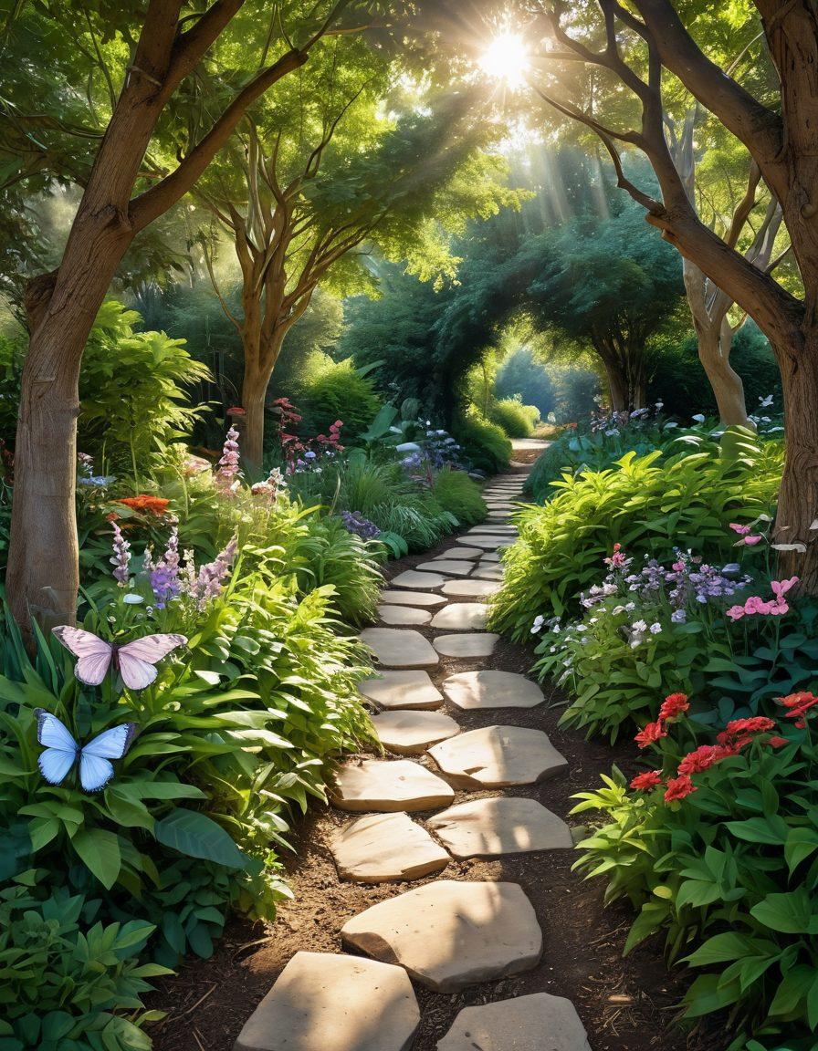 A serene pathway meandering through a lush garden, symbolizing hope and healing, lined with supportive characters like nurses and family members holding hands, gentle rays of sunlight breaking through the trees above. Include comforting imagery like butterflies and blooming flowers, representing transformation and resilience. vibrant colors. super-realistic.
