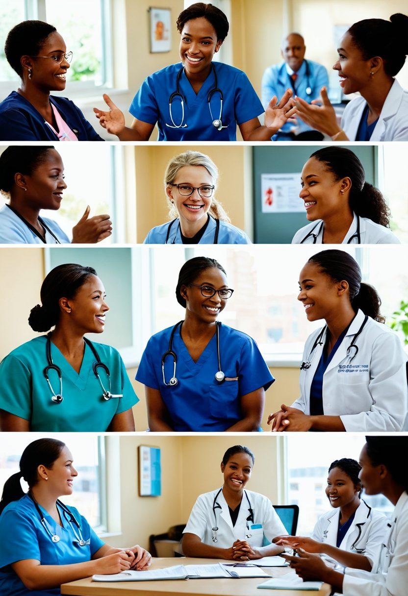 A dynamic scene featuring a diverse group of patient advocates in action, passionately engaging with healthcare professionals and patients in a bright hospital setting. Emphasize empowering body language, charts showing treatment options, and compassionate interactions. Include elements like informative pamphlets and a vision board showcasing success stories. super-realistic. vibrant colors. warm lighting.